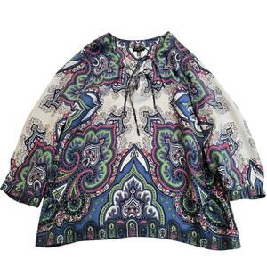 Talbots Petites Paisley Peasant Boho Silk Blouse with Double Tie Neck Size 12P